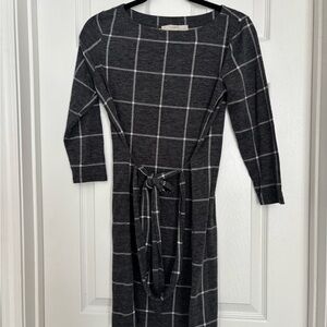 LOFT Charcoal Checkered Long Sleeve Dress
